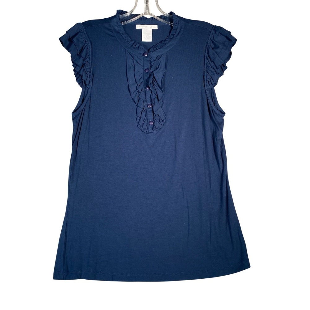 DESIGN HISTORY Navy Blue Ruffle Neck Button Front Sleeveless Top Size L